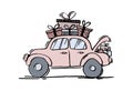 Car with gifts on the roof, vintage design for sale, boho icon for birthday and christmas. Vector line drawing isolated