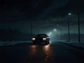 Car on a gloomy night in the fog on an empty street