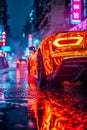 Car with glowing red and yellow lights is driving down street at night. Generative AI Royalty Free Stock Photo