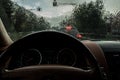 The car goes in the rain. view from the inside. raindrops on the windshield. Poor visibility and dangerous driving Royalty Free Stock Photo