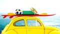 Car going on holiday with beach sport equipments on the roof. Royalty Free Stock Photo