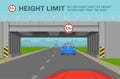Car going through the tunnel under the bridge. Low bridge or height limit road sign. Royalty Free Stock Photo