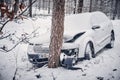 The car got into a skid and crashed into a tree on a snowy road.