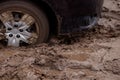 the car is stuck on a bad road in the mud Royalty Free Stock Photo