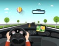 Car with GPS Navigation on Road. Hands on Steering Wheel with Sunny Day