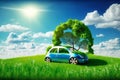 Car on green meadow with tree and sun on blue sky background. Generative Ai Royalty Free Stock Photo