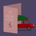 Greeting card with a red car driving with a tree on the roof.