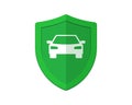 Car guard green shield logo. Auto collision insurance or store shop badge. Vehicle tuning service or driver security