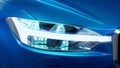 Car headlight with copy space macro view. Led or xenon lamp. Closeup of modern prestigious car. 3d illustration
