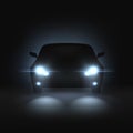Car headlights. Realistic car with bright headlights in dark, rays light and white blur shadows, night automobile Royalty Free Stock Photo