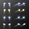 Car headlights. Realistic round bright cars headlight, light flares and blur shadows effect, automobile glow beams in