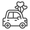 Car with heart shaped balloons line icon, valentine day concept, auto with love sign on white background, automobile for