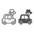 Car with heart shaped balloons line and solid icon, valentine day concept, auto with love sign on white background