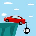 Car held on cliff by a ball and chain. Car debt concept. Financial problem.