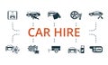 Car Hire icon set. Monochrome simple Car Hire icon collection. Wash, Car Polishing, Car Wrap Film, Inflate Tire, Body