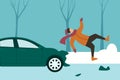 The car hit a man. Winter accident. Vector illustration