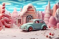 car holiday snow merry retro candy winter festive christmas gift. Generative AI.