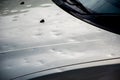 Car hood damaged by major hailstorm hailstones. Car insurance repair dents. Dented car bonnet