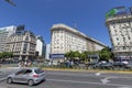 Car and human trafficking on Av 9 de Julio near the obelisk, downtown Buenos Aires, Argentina