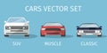 Car icons in flat style. SUV, muscle and classical vehicles. Vector illustration Royalty Free Stock Photo