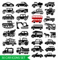 30 car icons set, black auto web pictogram