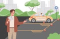Car instructor teaching young man to drive a car during driving lessons vector flat illustration. Royalty Free Stock Photo