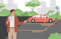 Car instructor teaching young man to drive a car during driving lessons vector flat illustration. Royalty Free Stock Photo