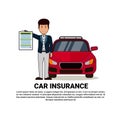 Car Insurance Agent Hold Form Over Insured Auto On Background With Copy Space