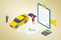 Car insurance concept with car and contract paper with team people and modern isometric flat style - vector