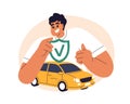 Car insurance concept. Happy person with safety shield for auto risk protection, automobile security. Smiling man and