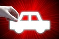 Human hand holding car shape, abstract red background Royalty Free Stock Photo