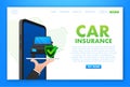 Car insurance contract document over hands. Shield icon. Protection. Vector stock illustration Royalty Free Stock Photo