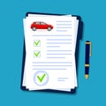 Car insurance document in flat style. Licence vehicle checklist in folder. Security agreement for automobile company. Transport