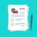 Car insurance document report vector illustration, flat cartoon paper agreement checklist or loan checkmarks form list