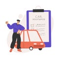 Car Insurance with Happy Man Character Near Red Automobile and Document on Clipboard Vector Illustration