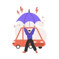 Car Insurance with Happy Man Character with Red Automobile Under Umbrella Vector Illustration Royalty Free Stock Photo