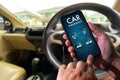 Car insurance man driver call on smartphone to Policies Safety Coverage insurance agent