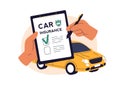 Car insurance policy. Hands checking risk coverage, signing document. Insured auto transport concept. Automobile vehicle Royalty Free Stock Photo