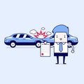 Car insurance in service center. Businessman shows the document of car protection. Cartoon character thin line style vector.