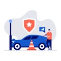 Car insurance service concept with characters. Man standing near broken vehicle, car getting accident on the road. Modern vector