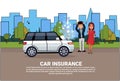 Car Insurance Service Concept People Standing At Broken Vehicle On Road Over Background With Copy Space