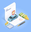 Car insurance services. Insurance contract document with pen money coin and calculator. Vector isometric illustration Royalty Free Stock Photo