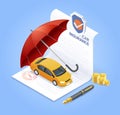 Car insurance services. Insurance contract document with pen money coin and red umbrella. Vector isometric illustration Royalty Free Stock Photo