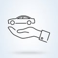 Car insurance sign line icon or logo. Car with Care hands around concept. collision damage waiver linear illustration