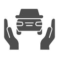 Car insurance solid icon. Auto protection, supporting by two hands symbol, glyph style pictogram on white background