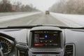 Car interior. Auto dashboard. Road travel concept. Auto control panel with road on background. Travel destinations. Royalty Free Stock Photo