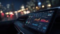 Car interior with digital dashboard showing colorful data visualizations and night cityscape view Royalty Free Stock Photo