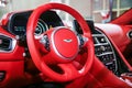 Car interior luxury. Interior of prestige modern car. Leather comfortable seats, dashboard and steering wheel. White cockpit with Royalty Free Stock Photo