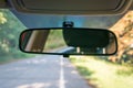 Car interior with rear view mirror and windshield