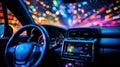 Car interior with vibrant city lights through windshield. Night driving, colorful bokeh, and urban adventure Royalty Free Stock Photo